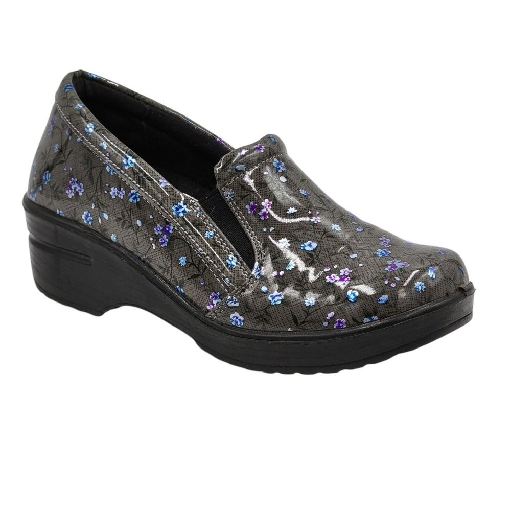 Easy Works by Easy Street Leeza Clogs Blue Purple Floral Slip Resistant Size 6.5